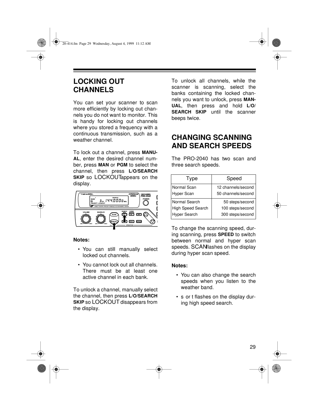 Radio Shack PRO-2040 owner manual Locking OUT Channels, Changing Scanning and Search Speeds 