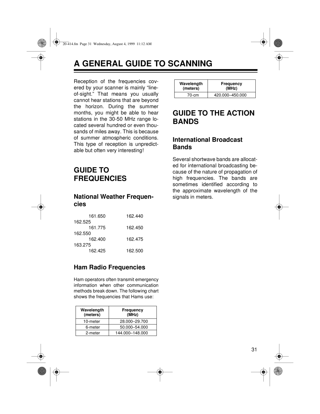 Radio Shack PRO-2040 owner manual General Guide to Scanning, Guide to Frequencies, Guide to the Action Bands 