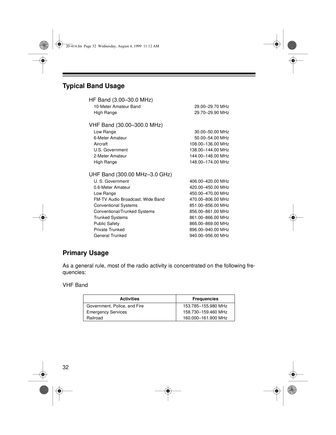 Radio Shack PRO-2040 owner manual Typical Band Usage, Primary Usage, HF Band 3.00-30.0 MHz, VHF Band 30.00-300.0 MHz 