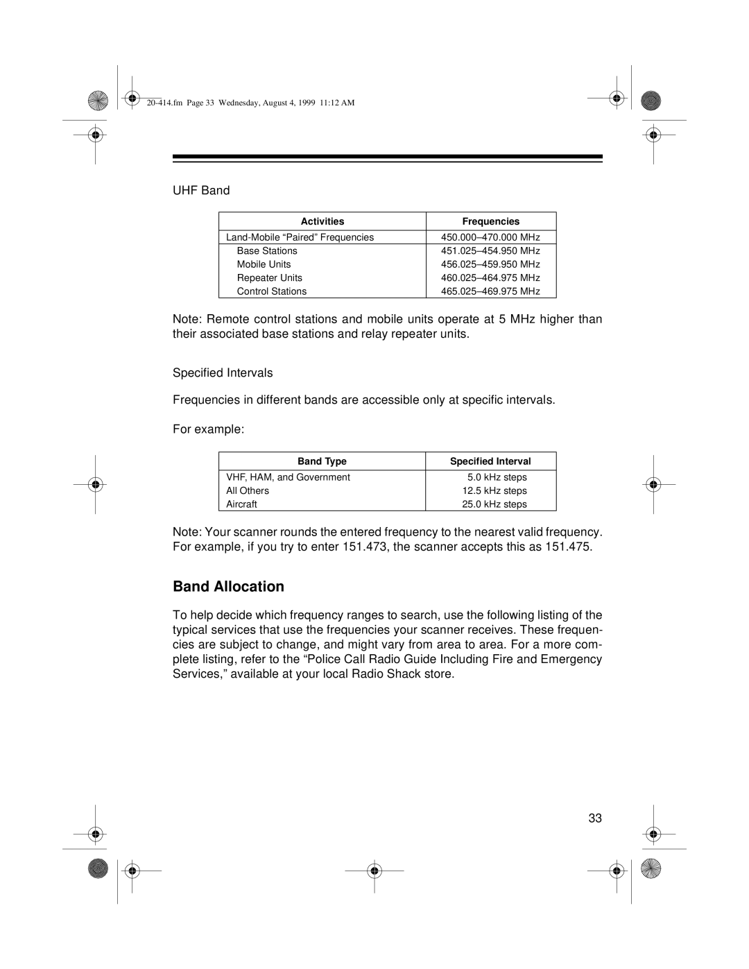 Radio Shack PRO-2040 owner manual Band Allocation, UHF Band 