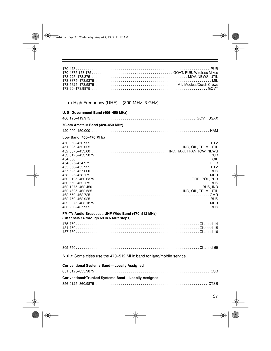 Radio Shack PRO-2040 owner manual Ultra High Frequency UHF- 300 MHz-3 GHz, Low Band 450-470 MHz 