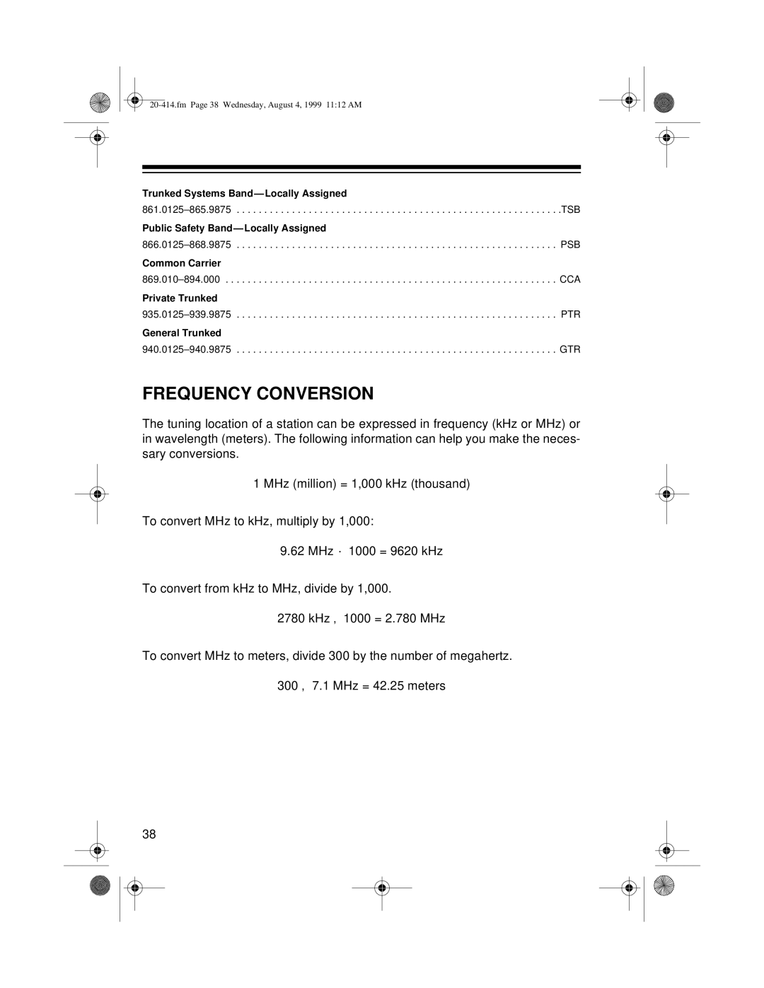 Radio Shack PRO-2040 owner manual Frequency Conversion, Trunked Systems Band Locally Assigned 