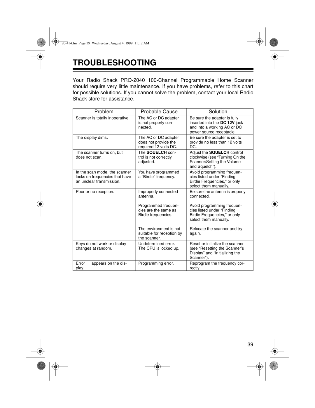 Radio Shack PRO-2040 owner manual Troubleshooting 