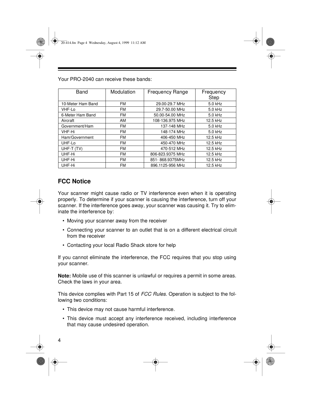 Radio Shack PRO-2040 owner manual FCC Notice 