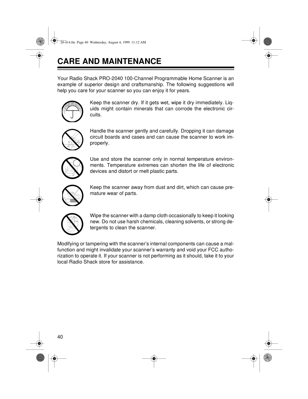 Radio Shack PRO-2040 owner manual Care and Maintenance 