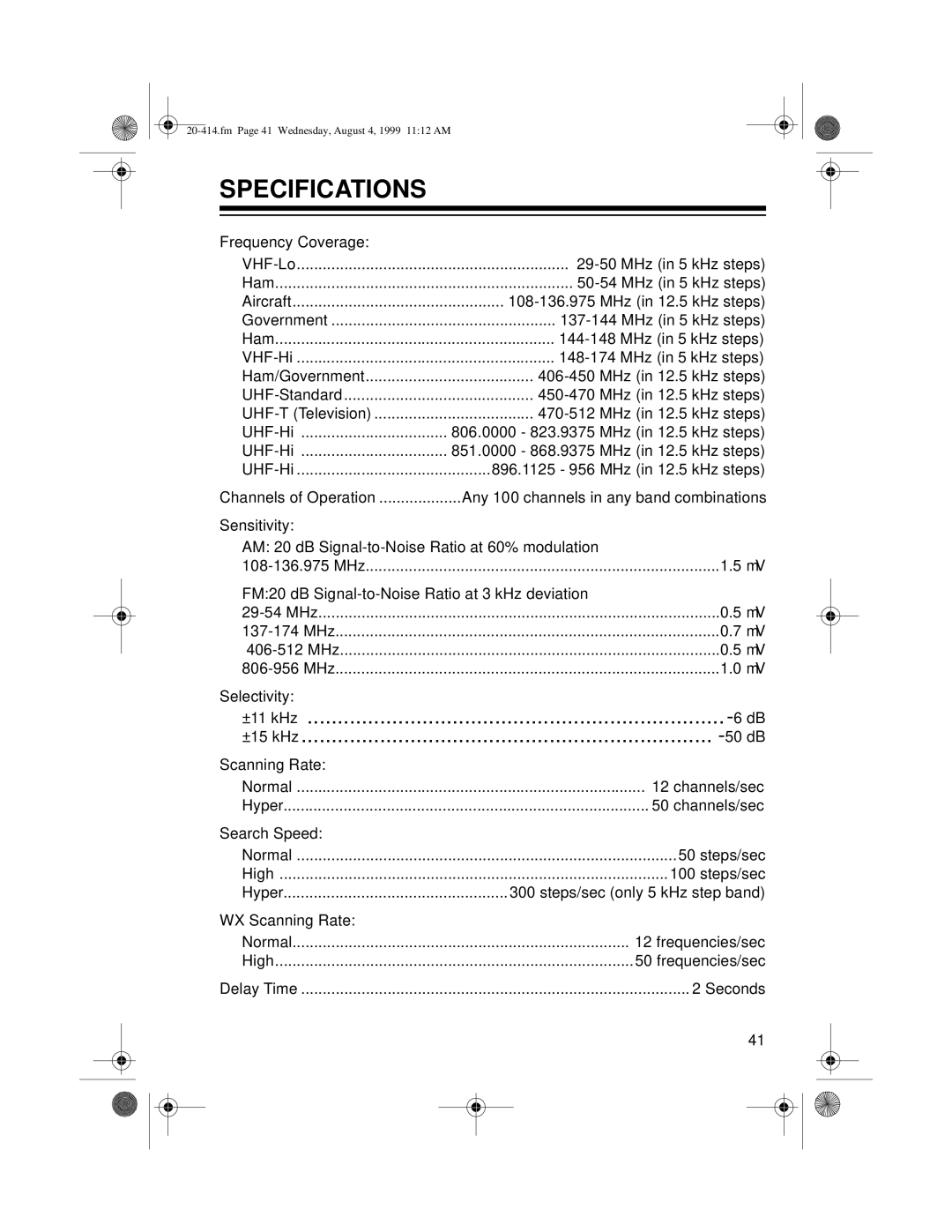 Radio Shack PRO-2040 owner manual Specifications 