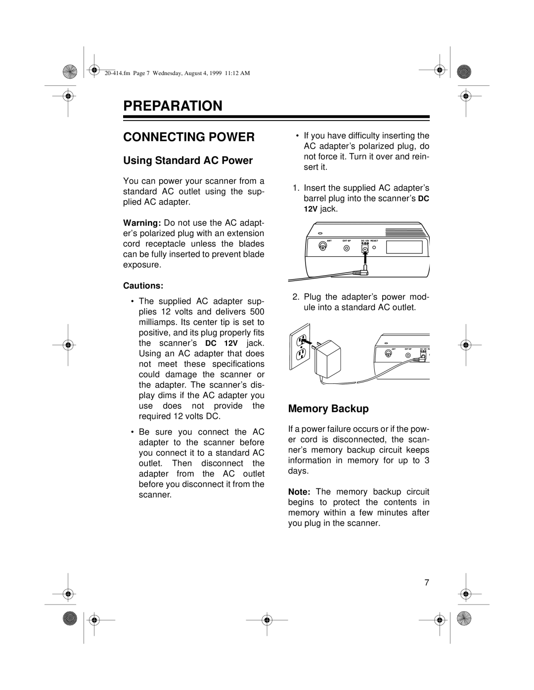 Radio Shack PRO-2040 owner manual Preparation, Connecting Power, Using Standard AC Power, Memory Backup 