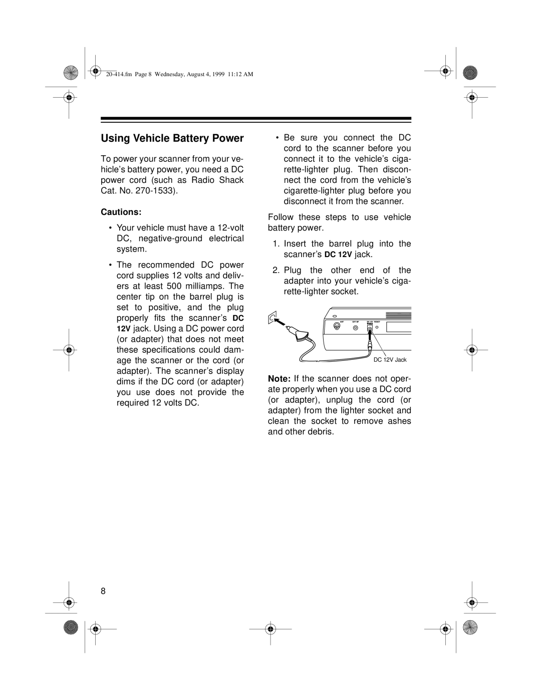 Radio Shack PRO-2040 owner manual Using Vehicle Battery Power 