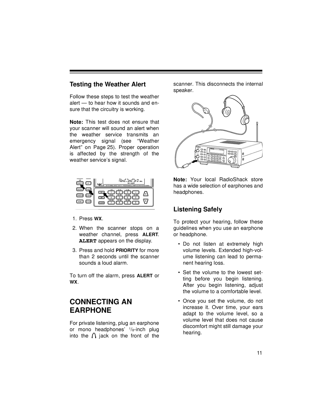 Radio Shack PRO-2045 owner manual Connecting AN Earphone, Testing the Weather Alert, Listening Safely 