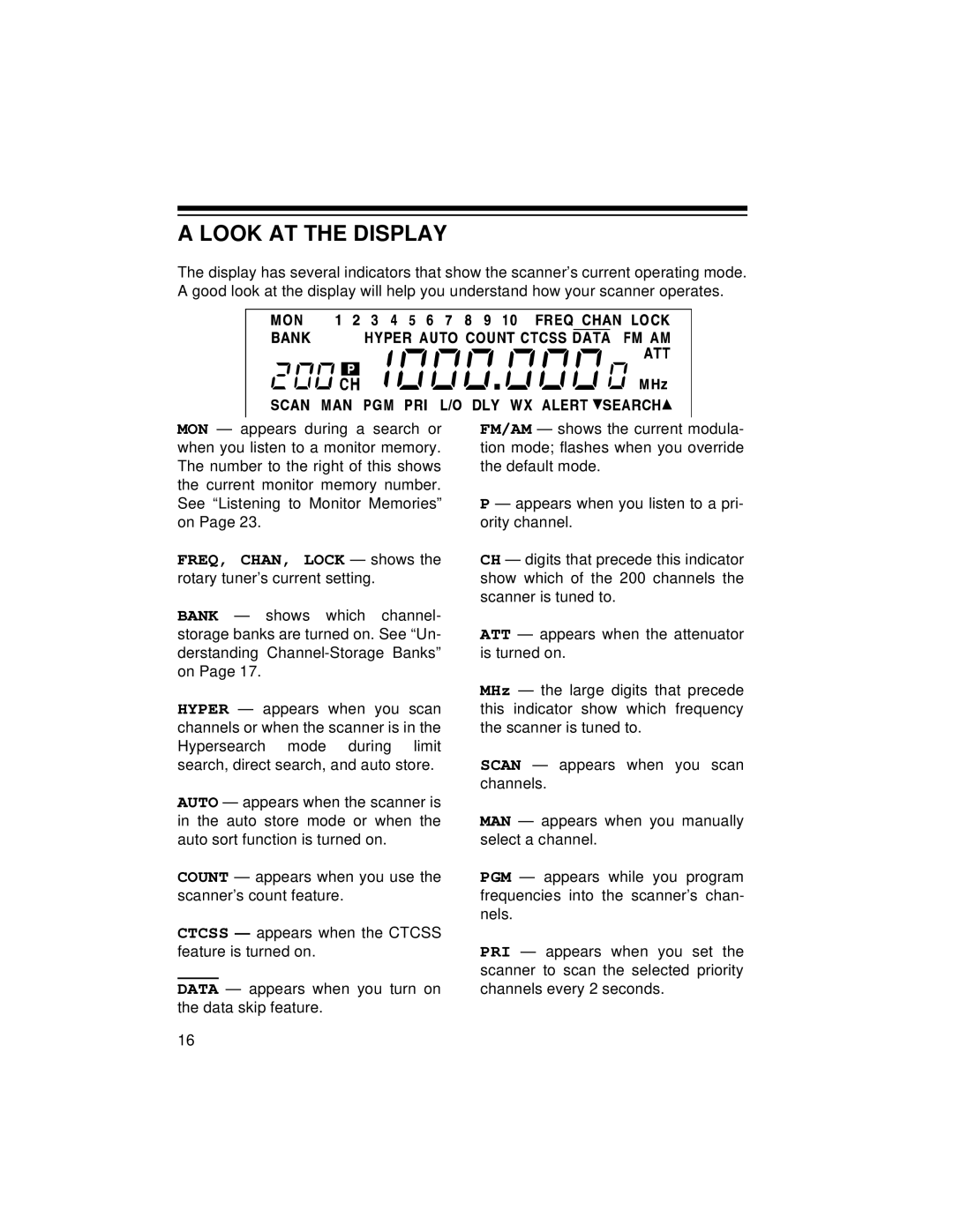 Radio Shack PRO-2045 owner manual Look AT the Display, FREQ, CHAN, Lock shows the rotary tuner’s current setting 