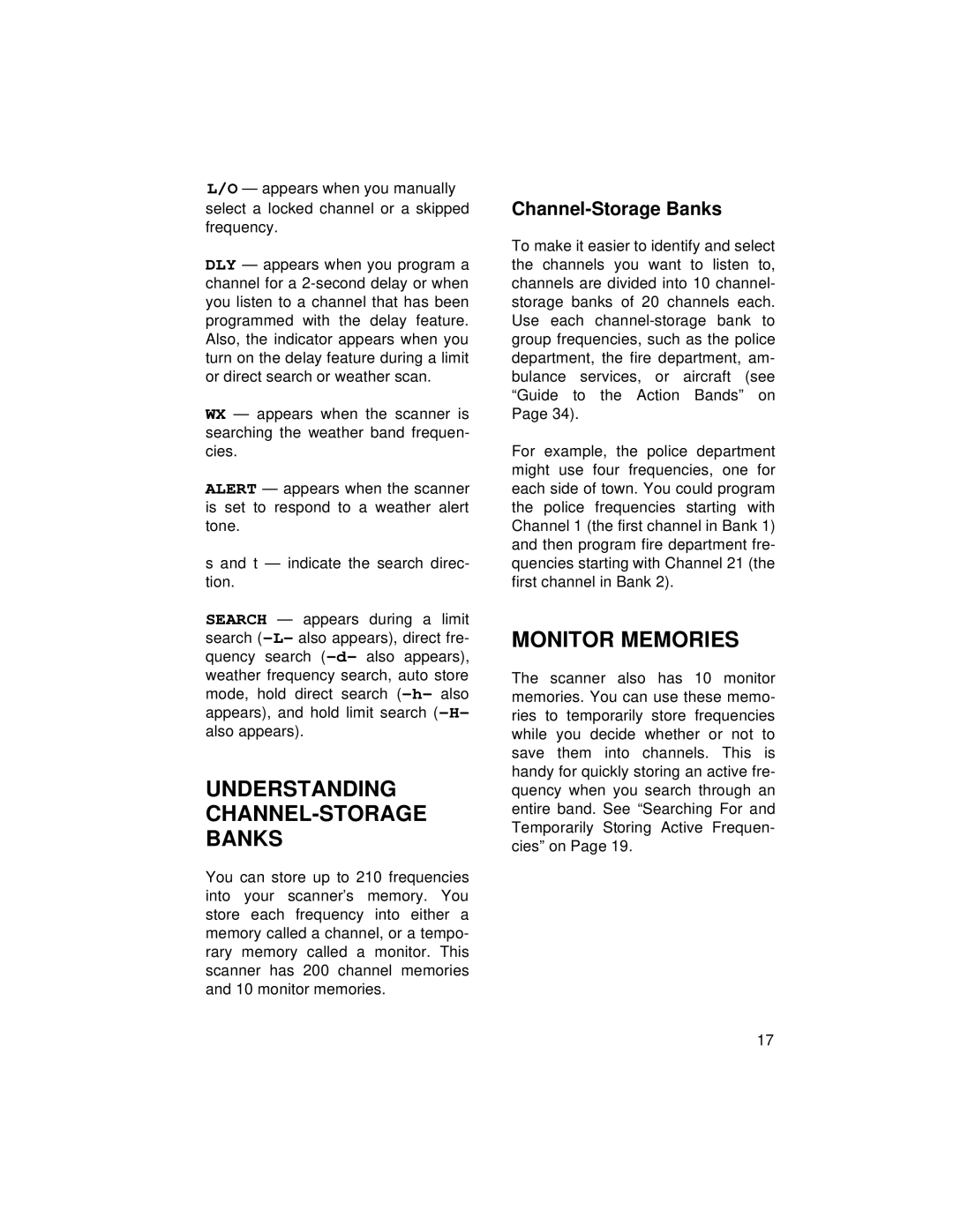 Radio Shack PRO-2045 owner manual Understanding CHANNEL-STORAGE Banks, Monitor Memories, Channel-Storage Banks 