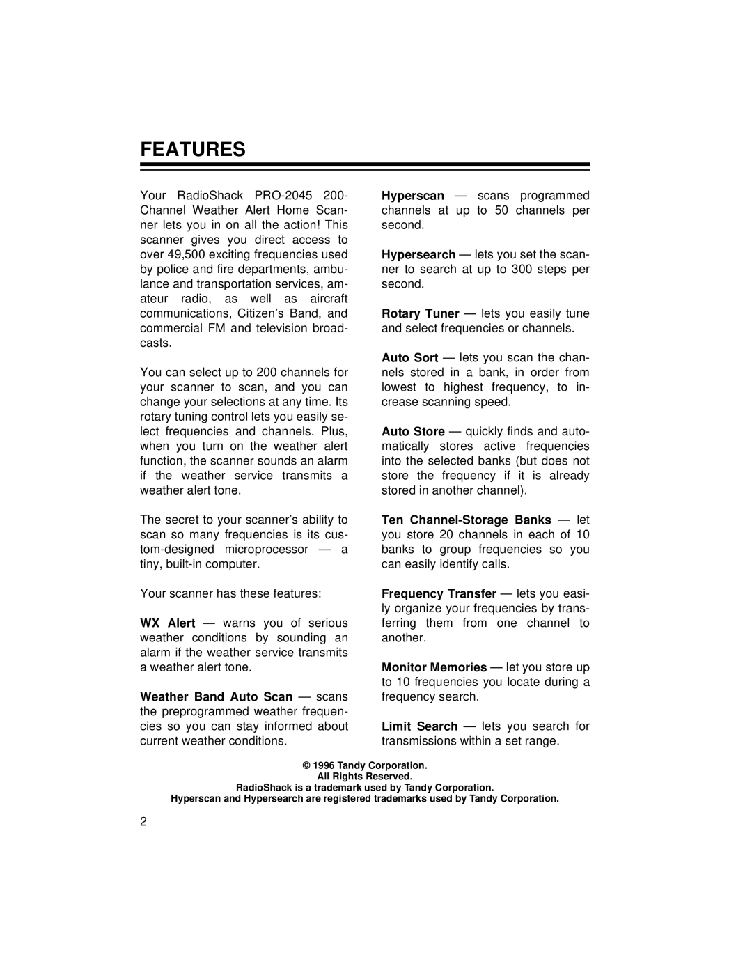 Radio Shack PRO-2045 owner manual Features 