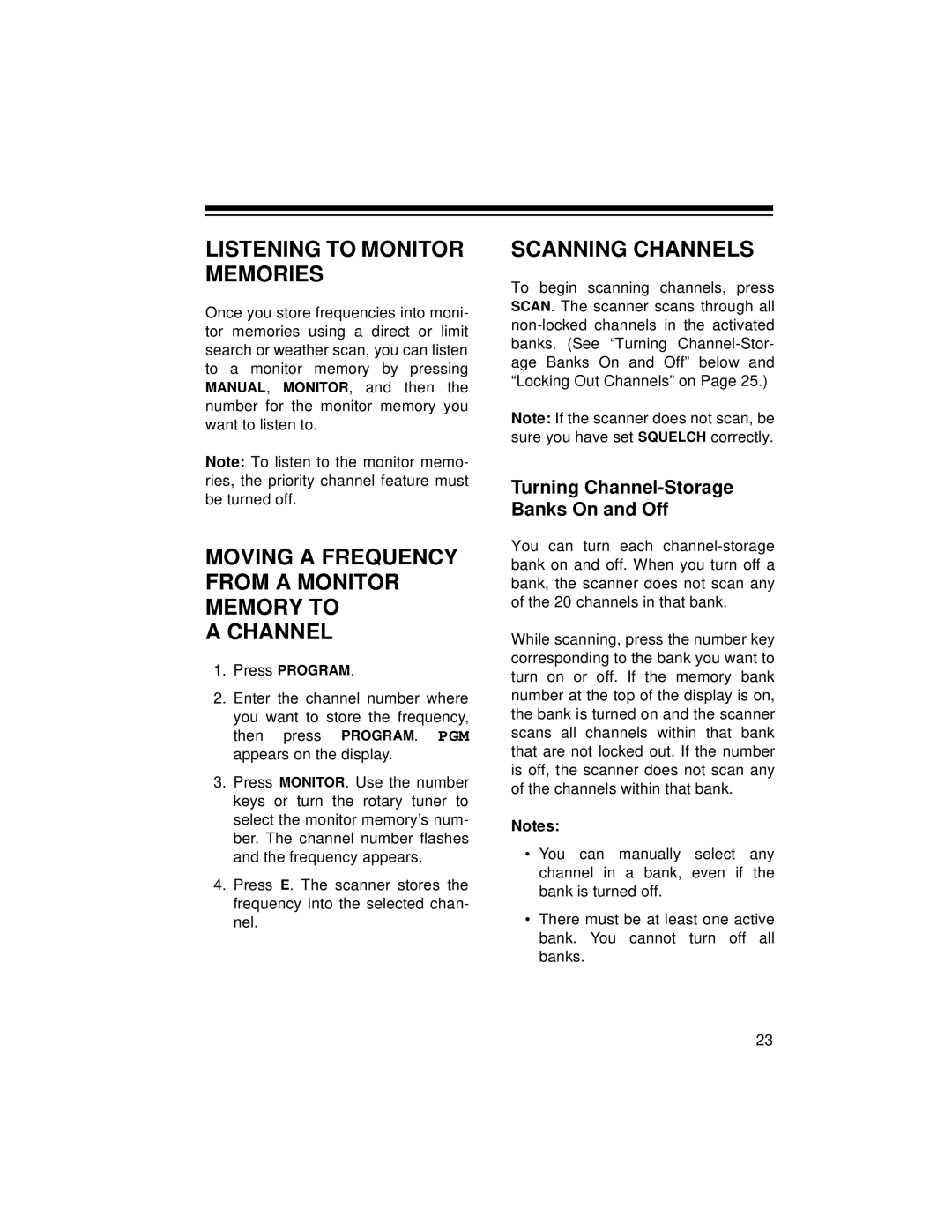 Radio Shack PRO-2045 Listening to Monitor Memories, Moving a Frequency from a Monitor Memory to Channel, Scanning Channels 