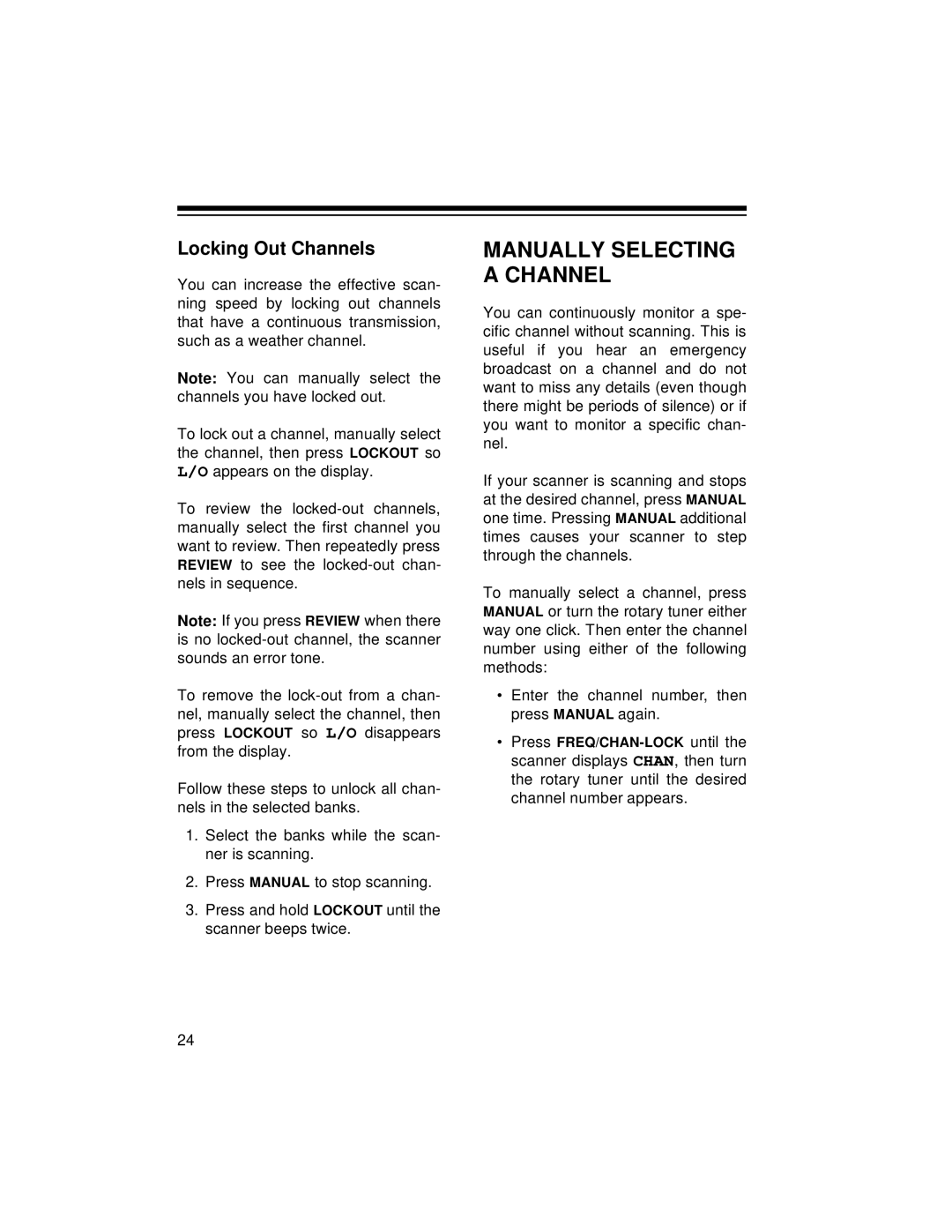 Radio Shack PRO-2045 owner manual Manually Selecting a Channel, Locking Out Channels 