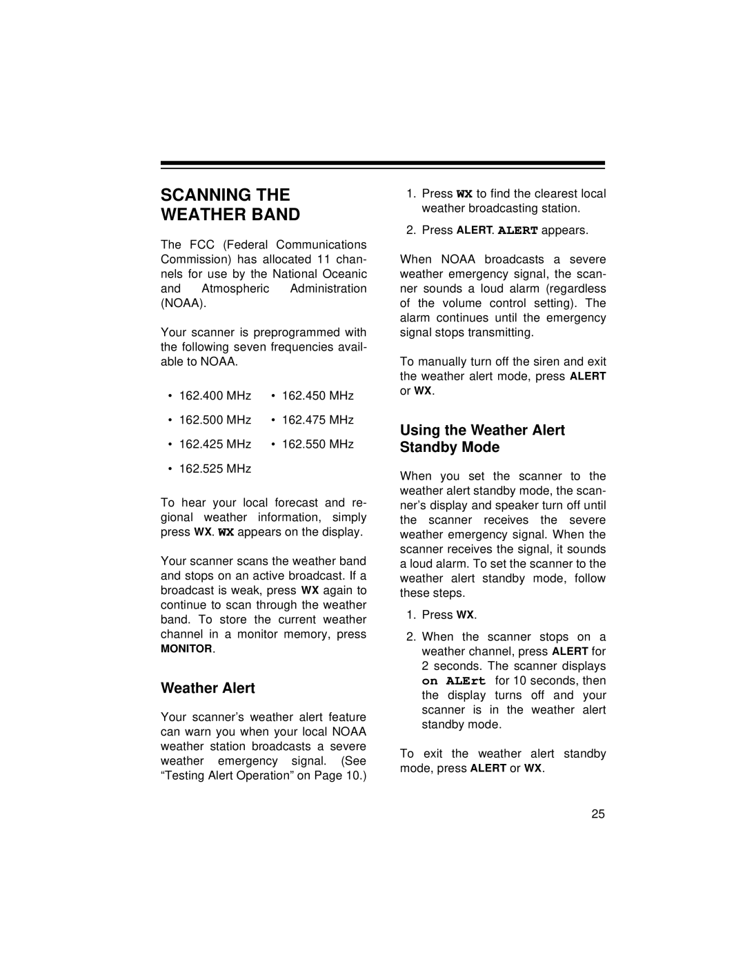 Radio Shack PRO-2045 owner manual Scanning Weather Band, Using the Weather Alert Standby Mode 