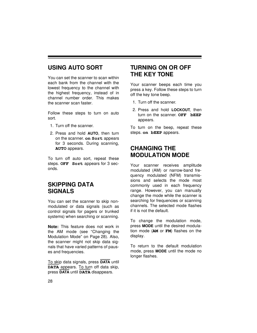 Radio Shack PRO-2045 owner manual Using Auto Sort, Skipping Data Signals, Turning on or OFF the KEY Tone 