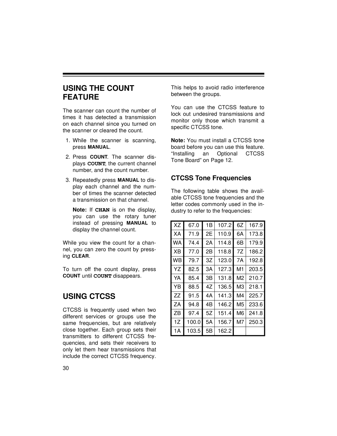 Radio Shack PRO-2045 owner manual Using the Count Feature, Using Ctcss, Ctcss Tone Frequencies 