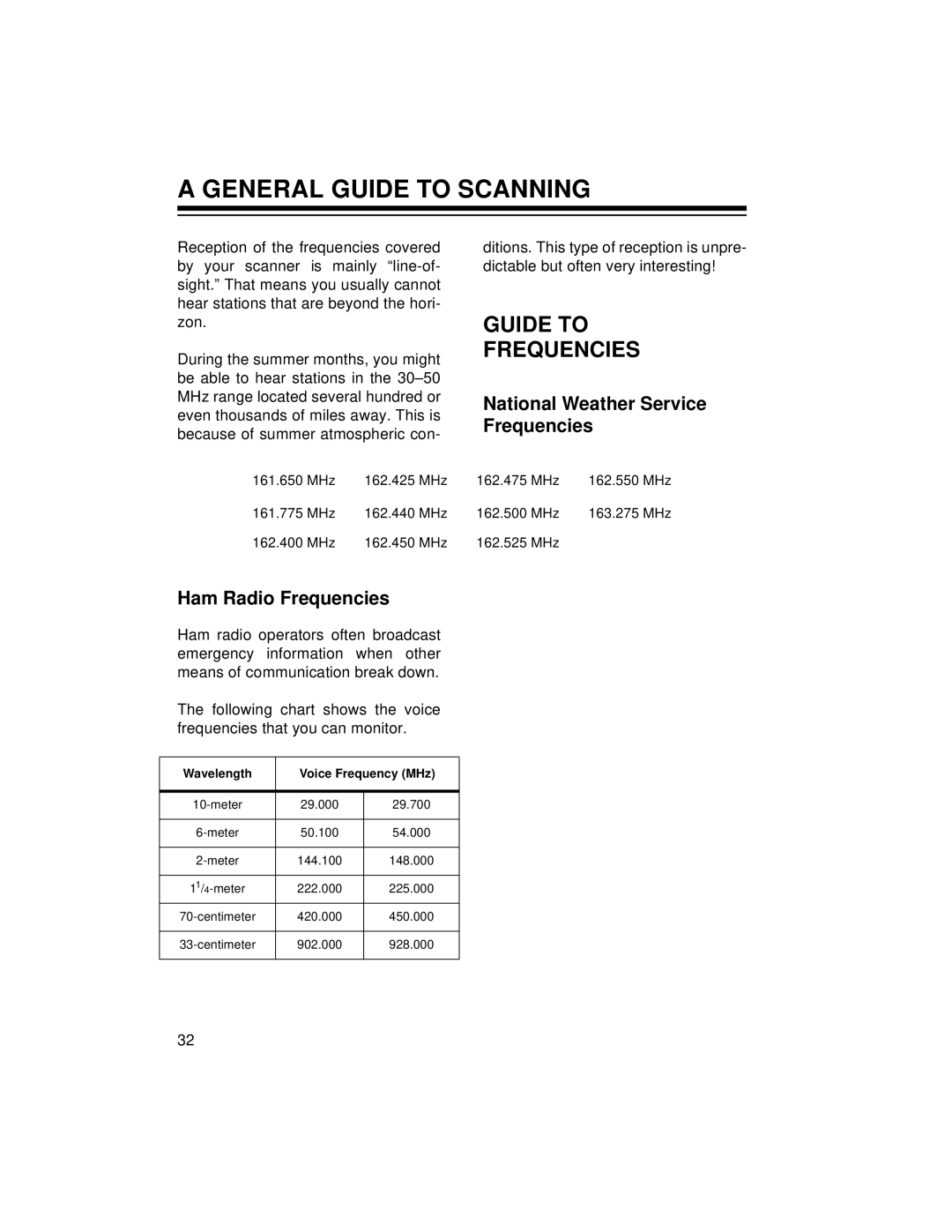 Radio Shack PRO-2045 owner manual General Guide to Scanning, Guide to Frequencies, National Weather Service Frequencies 