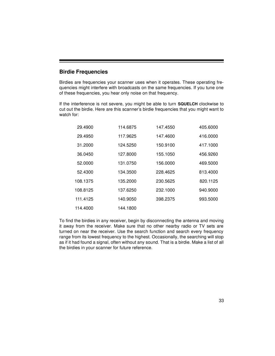 Radio Shack PRO-2045 owner manual Birdie Frequencies 