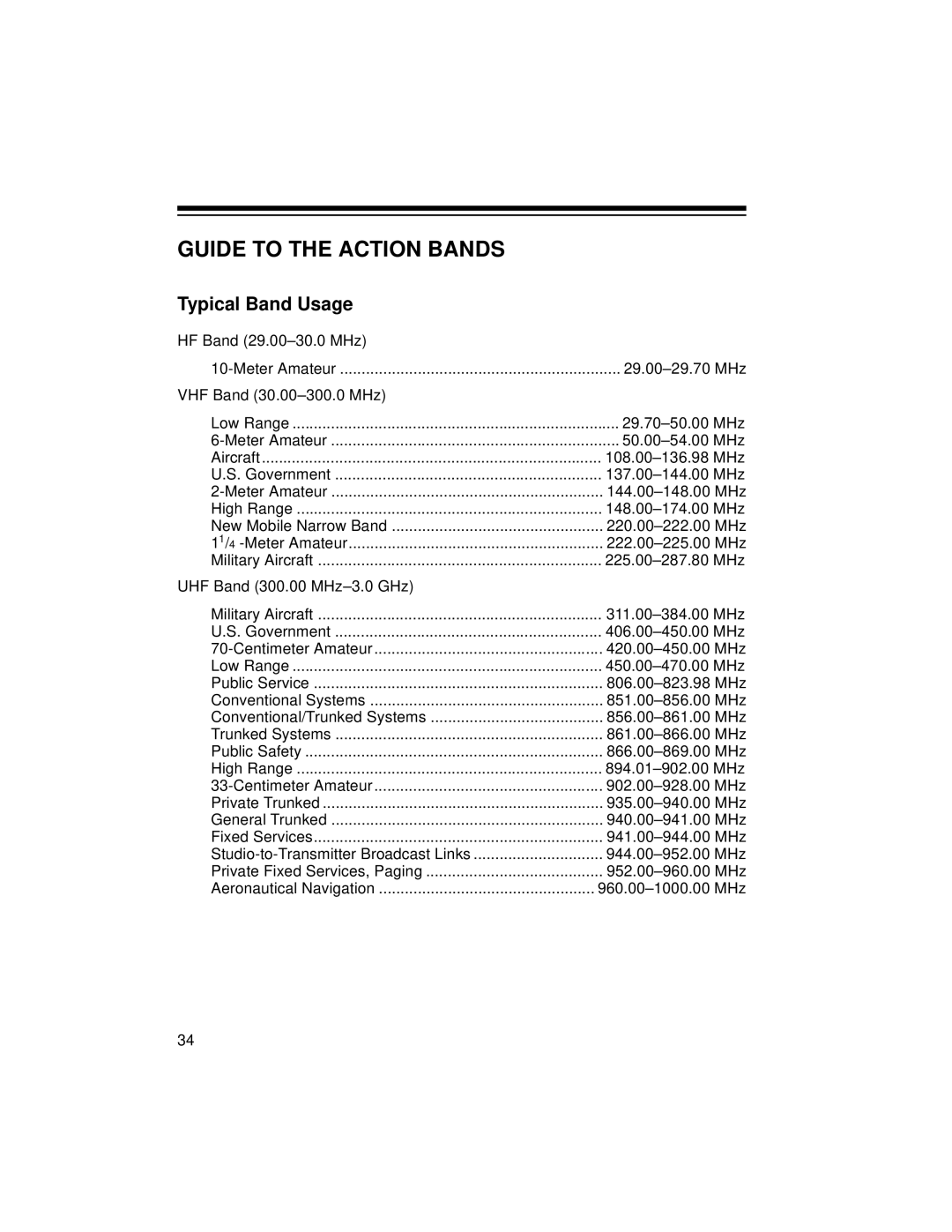 Radio Shack PRO-2045 owner manual Guide to the Action Bands, Typical Band Usage 