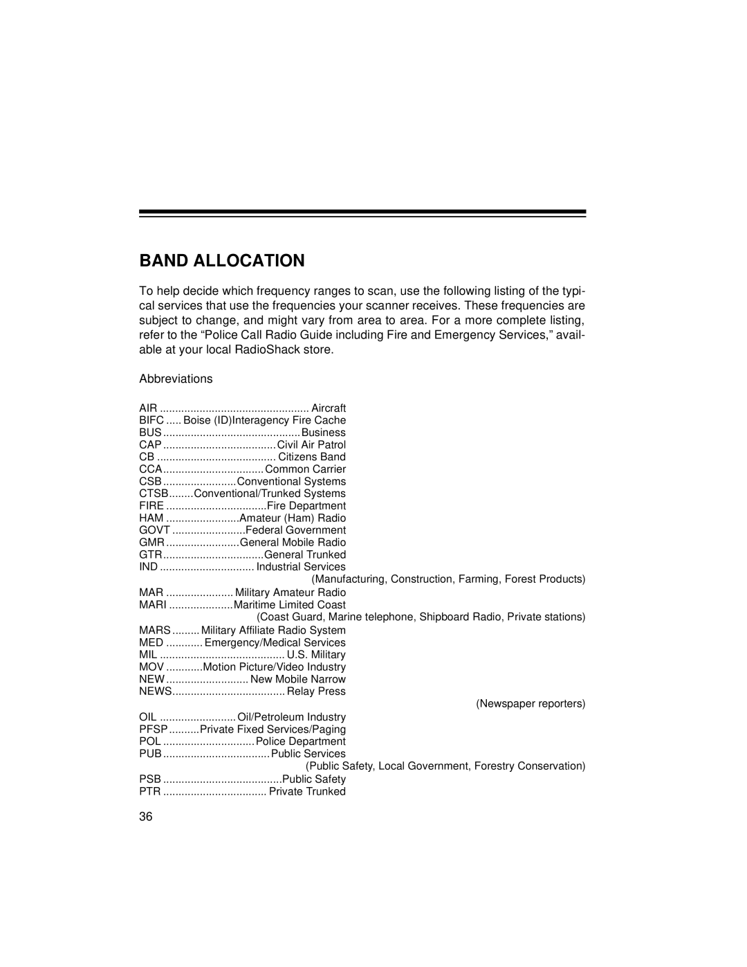 Radio Shack PRO-2045 owner manual Band Allocation, Bifc 