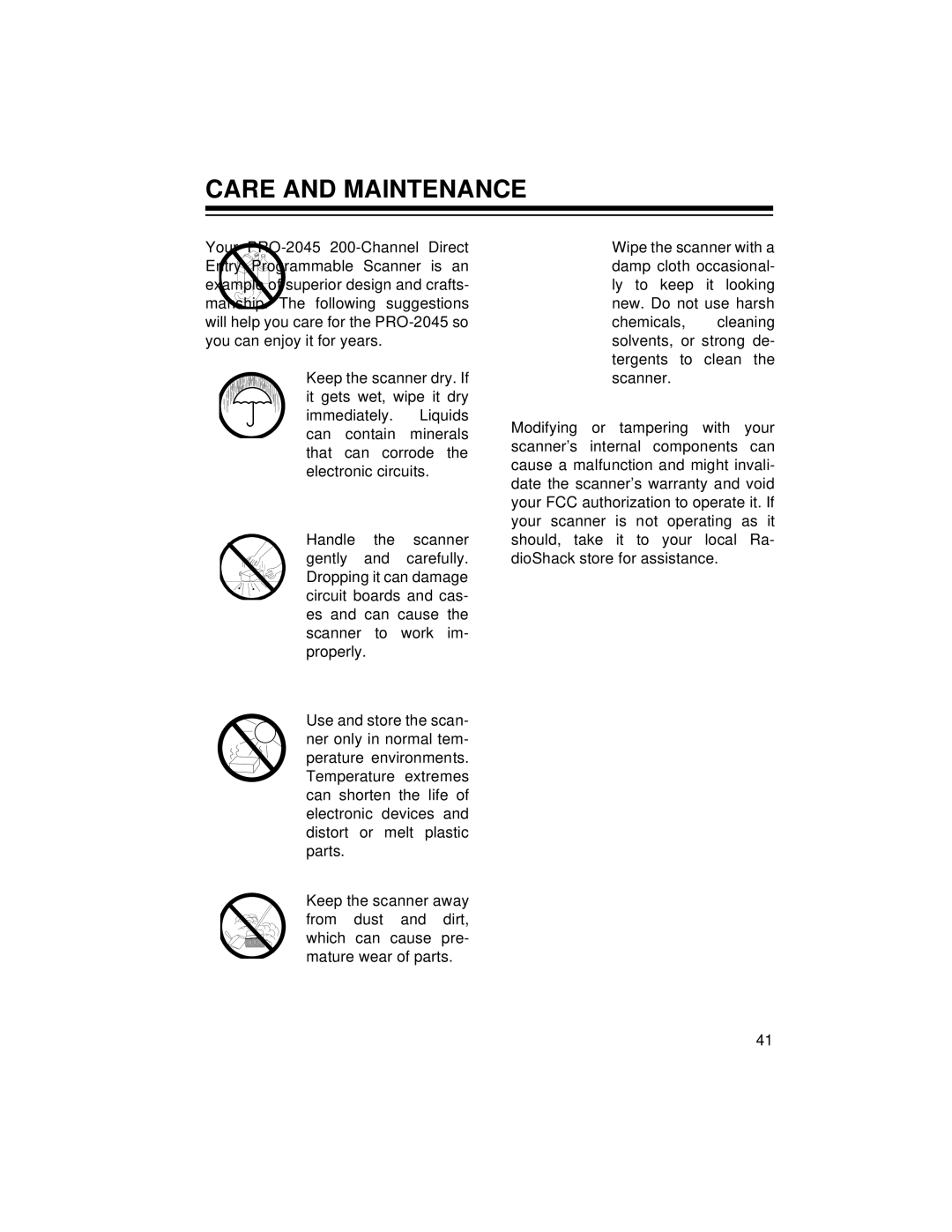 Radio Shack PRO-2045 owner manual Care and Maintenance 