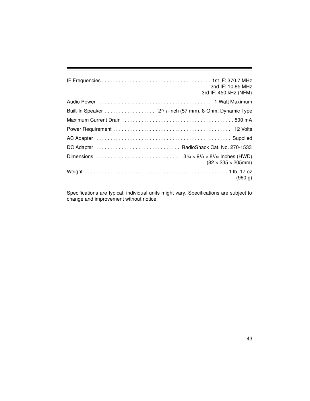 Radio Shack PRO-2045 owner manual Dimensions /4 × 91/4 × 81/16 Inches HWD 82 × 235 × 205mm 