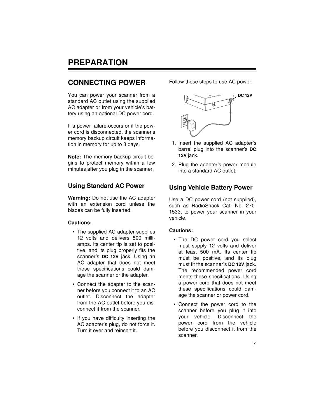 Radio Shack PRO-2045 owner manual Preparation, Connecting Power, Using Standard AC Power, Using Vehicle Battery Power 