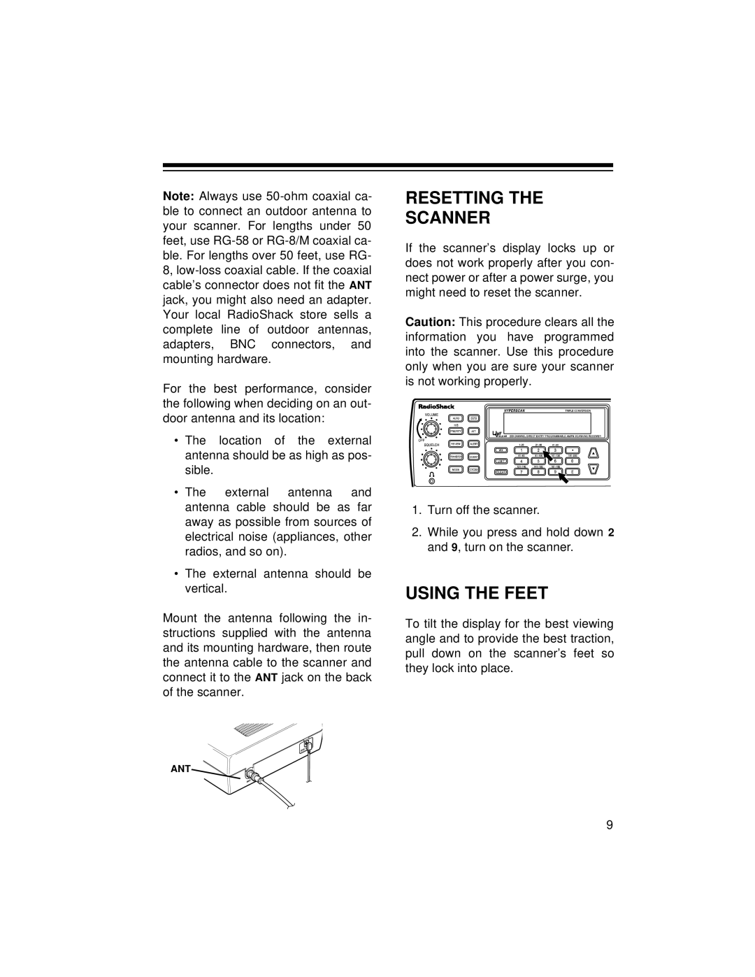 Radio Shack PRO-2045 owner manual Resetting Scanner, Using the Feet 