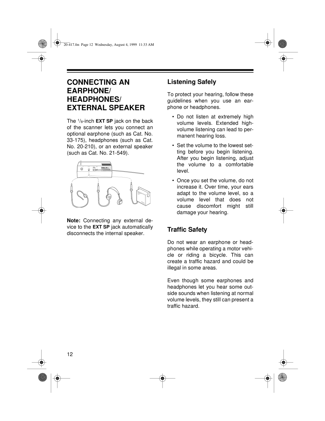 Radio Shack PRO-2048 owner manual Connecting AN EARPHONE/ HEADPHONES/ External Speaker, Listening Safely, Traffic Safety 