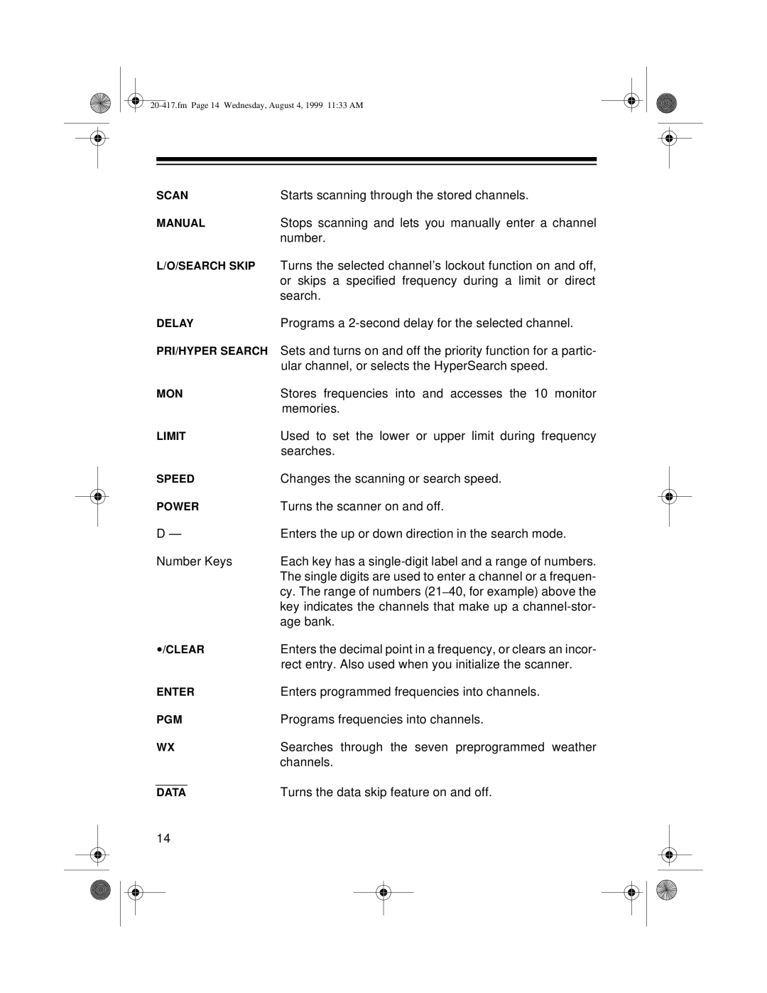 Radio Shack PRO-2048 owner manual Starts scanning through the stored channels 