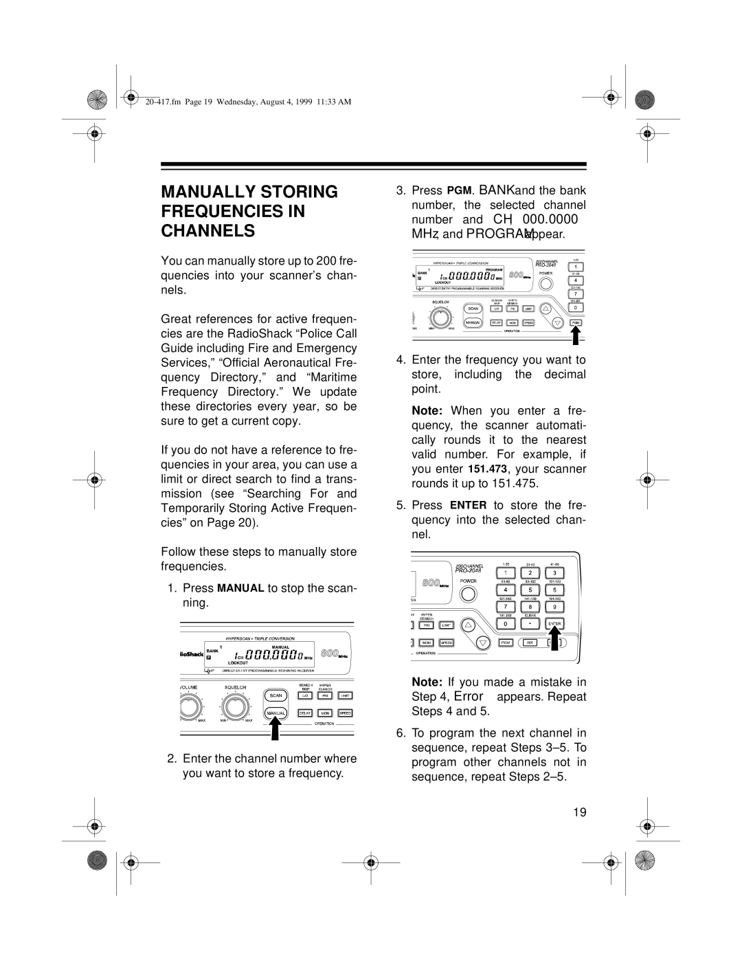 Radio Shack PRO-2048 owner manual Manually Storing Frequencies in Channels 