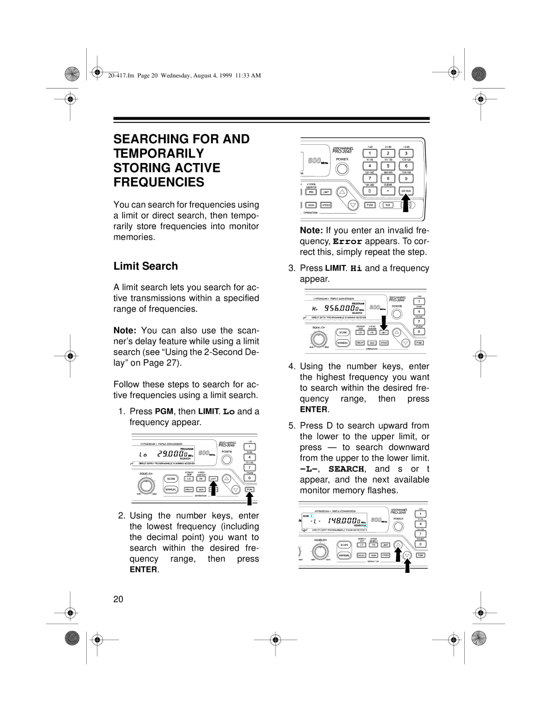 Radio Shack PRO-2048 owner manual Searching for and Temporarily Storing Active Frequencies, Limit Search 