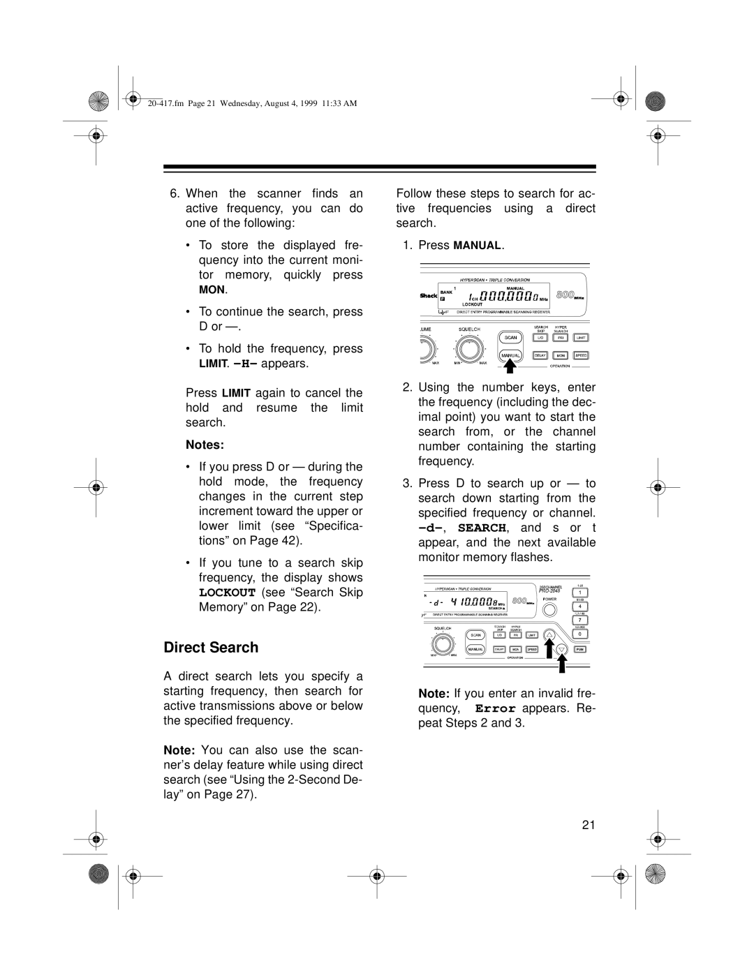 Radio Shack PRO-2048 owner manual Direct Search 