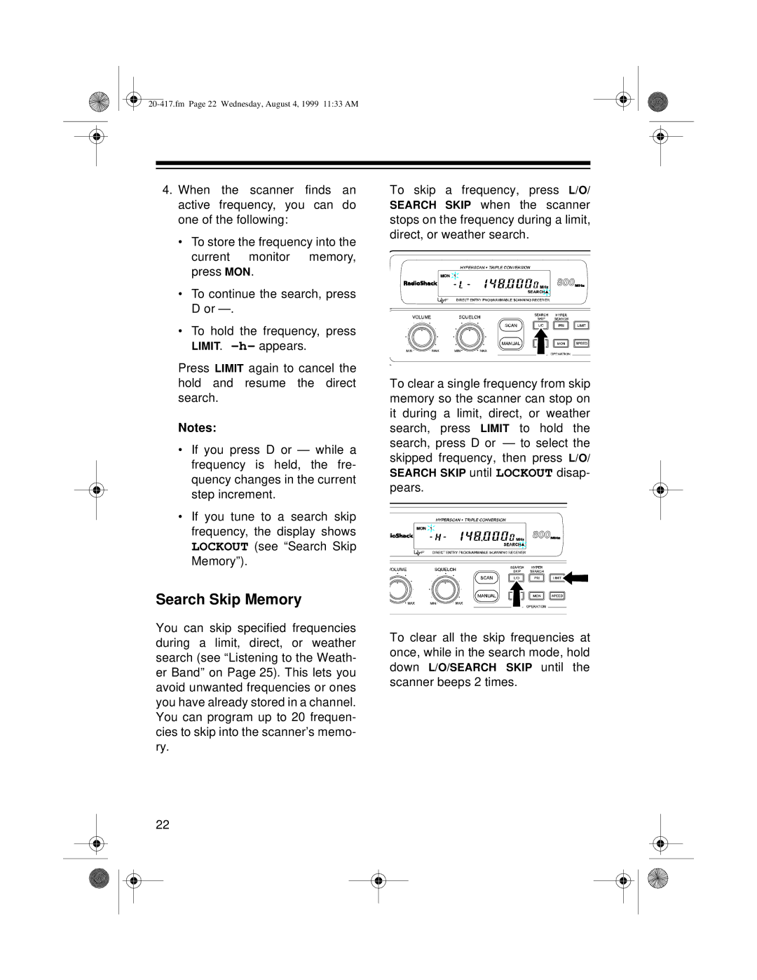 Radio Shack PRO-2048 owner manual Search Skip Memory 