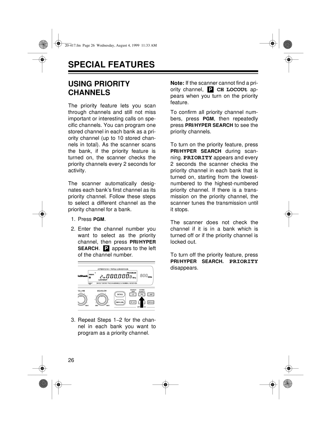 Radio Shack PRO-2048 owner manual Special Features, Using Priority Channels 