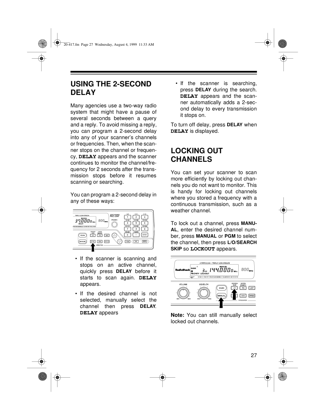 Radio Shack PRO-2048 owner manual Using the 2-SECOND Delay, Locking OUT Channels 