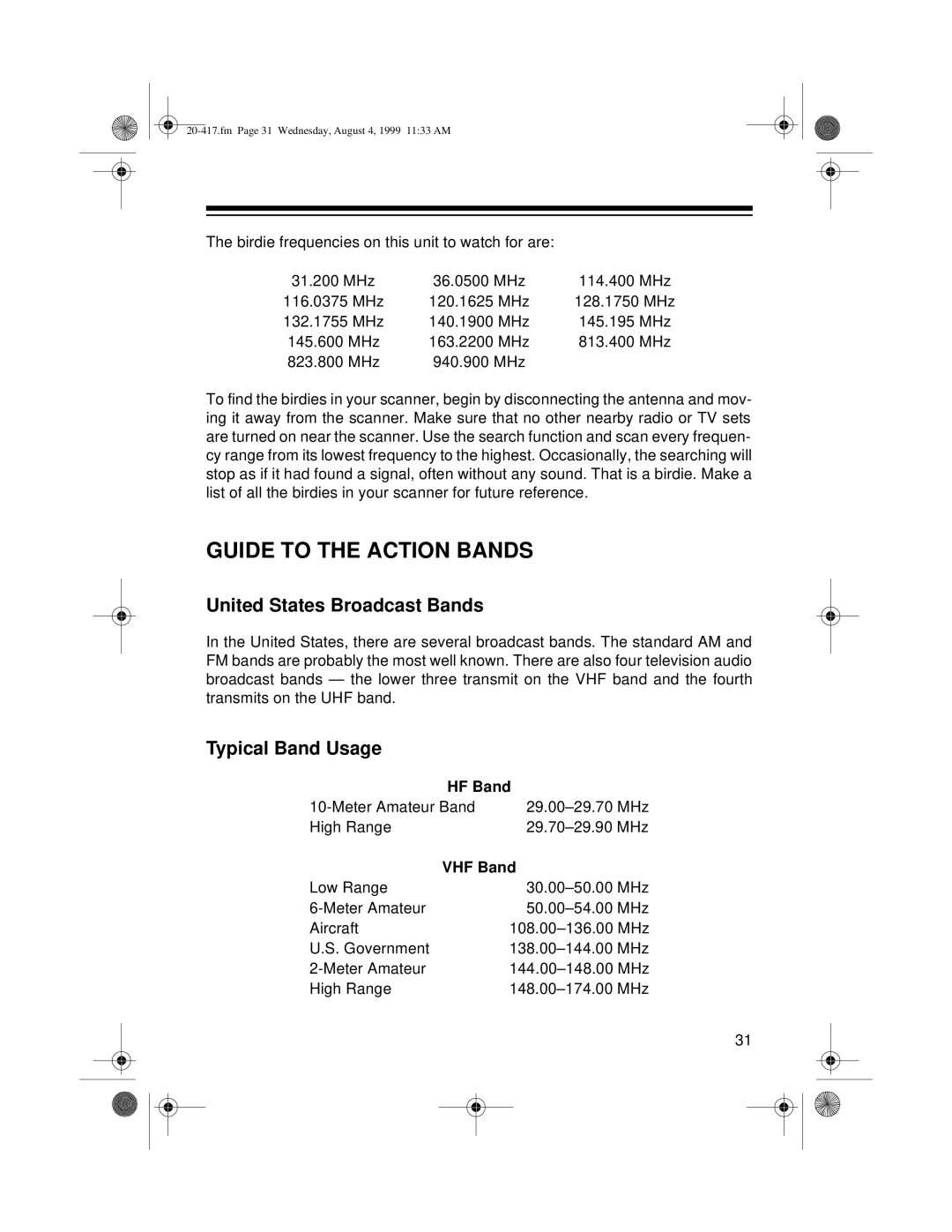 Radio Shack PRO-2048 Guide to the Action Bands, United States Broadcast Bands, Typical Band Usage, VHF Band 