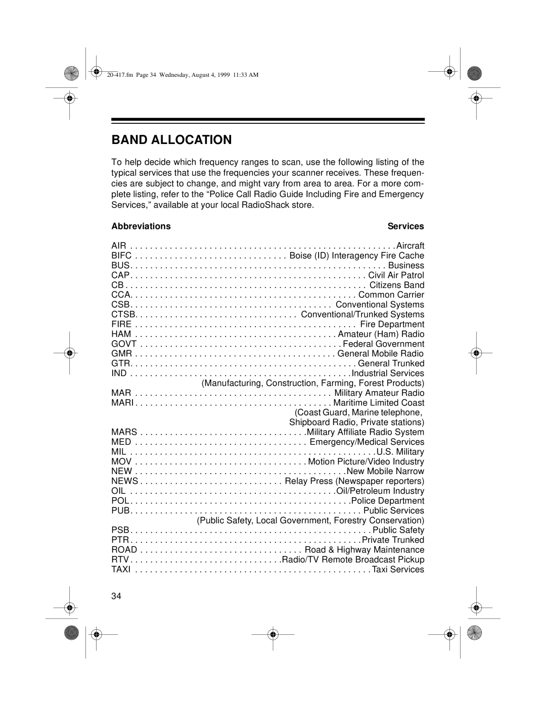 Radio Shack PRO-2048 owner manual Band Allocation, Abbreviations Services 