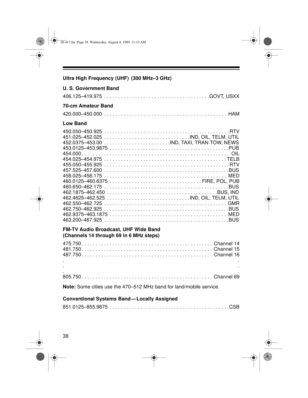 Radio Shack PRO-2048 owner manual Ultra High Frequency UHF 300 MHz-3 GHz Government Band, Cm Amateur Band, Low Band 