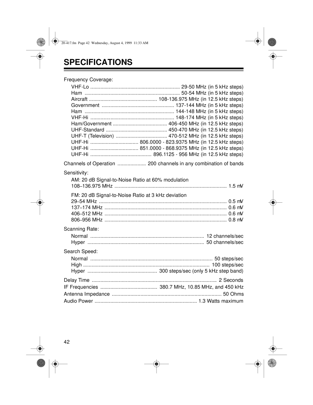 Radio Shack PRO-2048 owner manual Specifications 