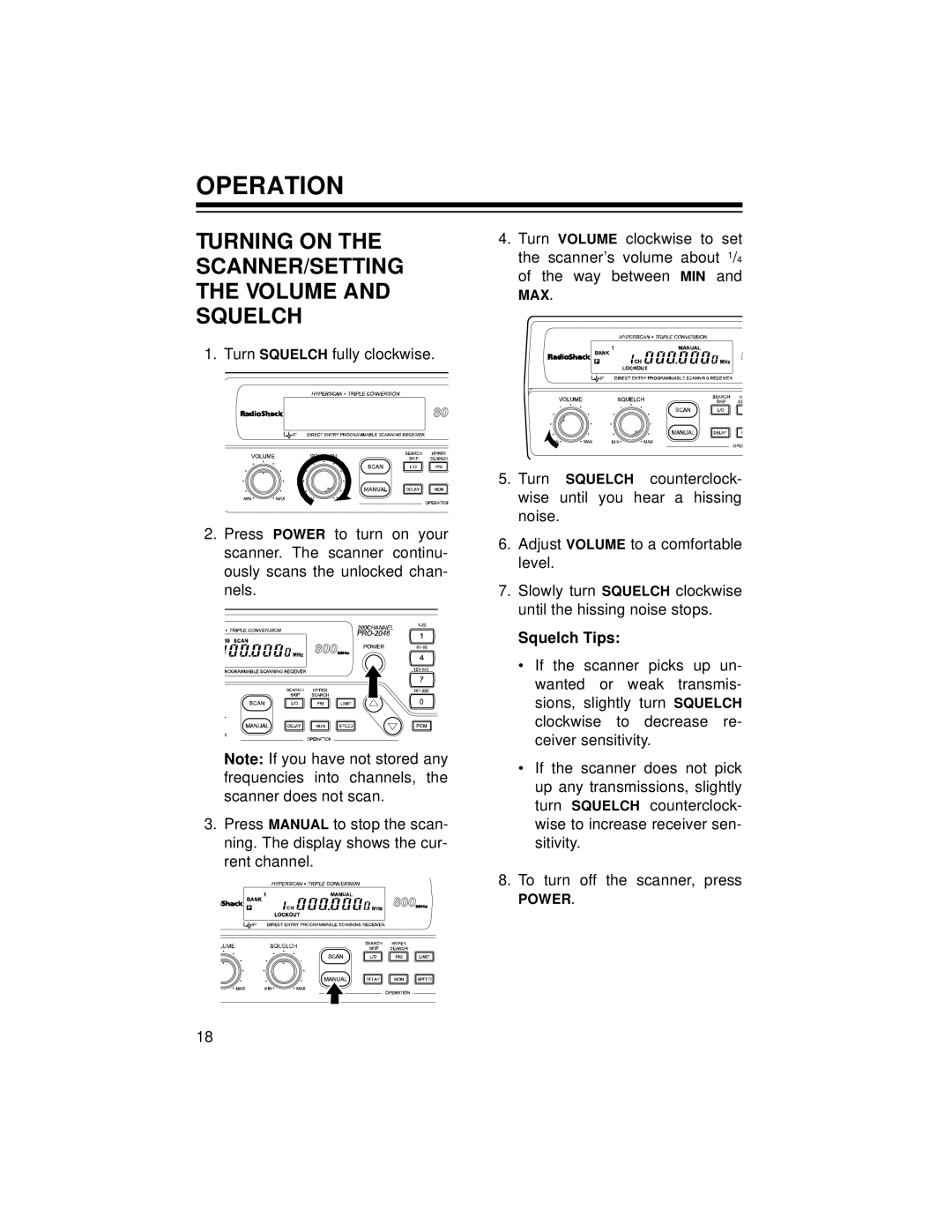 Radio Shack PRO-2048 owner manual Operation, Turning on the SCANNER/SETTING the Volume and Squelch, Squelch Tips 