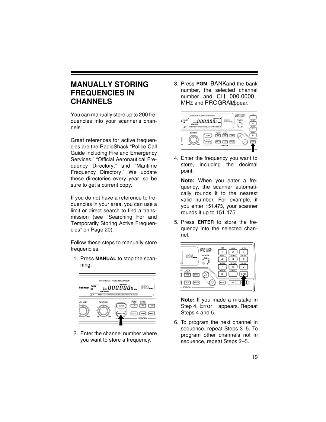 Radio Shack PRO-2048 owner manual Manually Storing Frequencies in Channels 