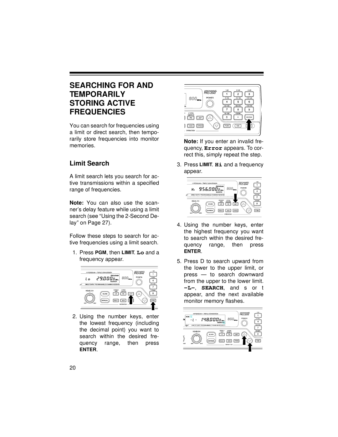 Radio Shack PRO-2048 owner manual Searching for and Temporarily Storing Active Frequencies, Limit Search 