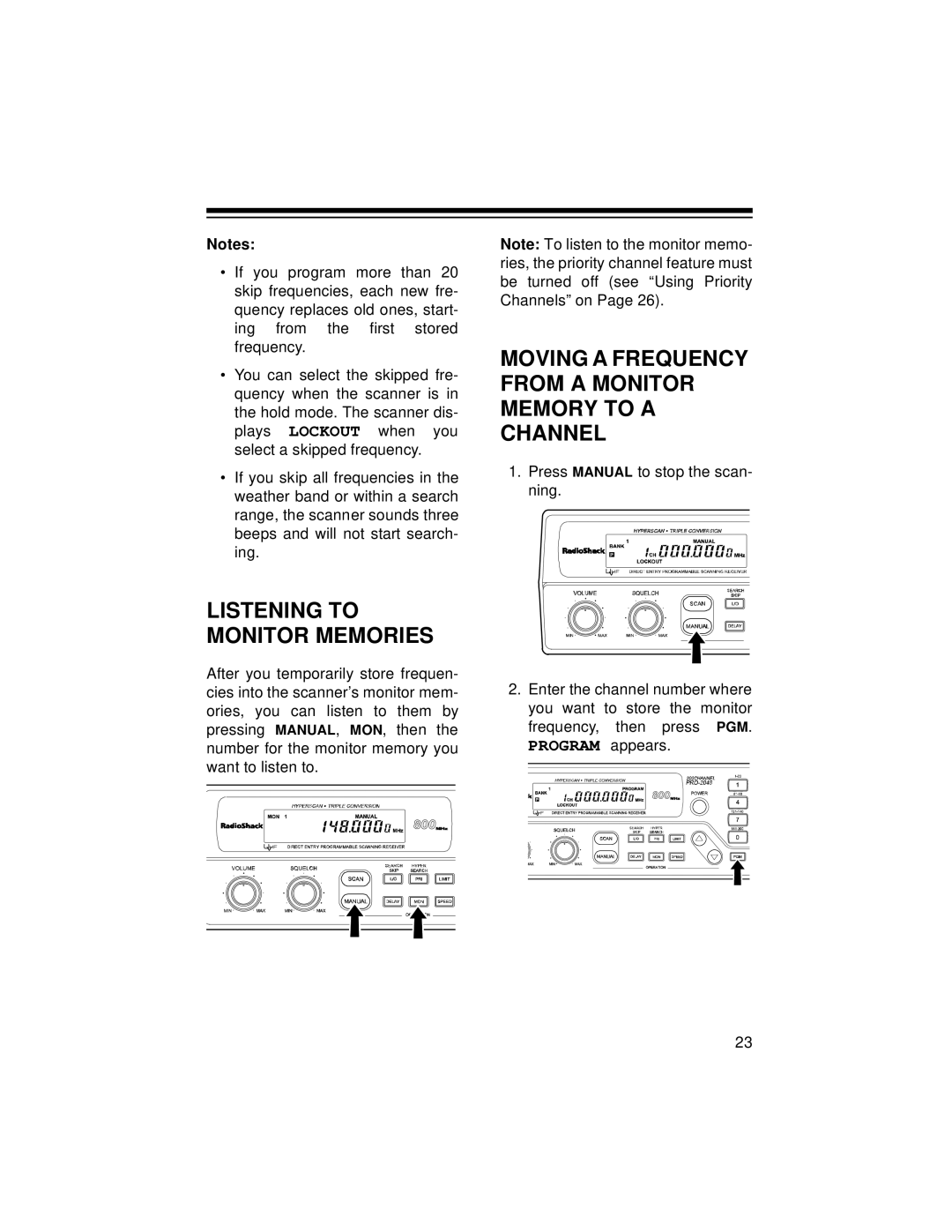 Radio Shack PRO-2048 owner manual Moving a Frequency from a Monitor Memory to a Channel, Listening to Monitor Memories 