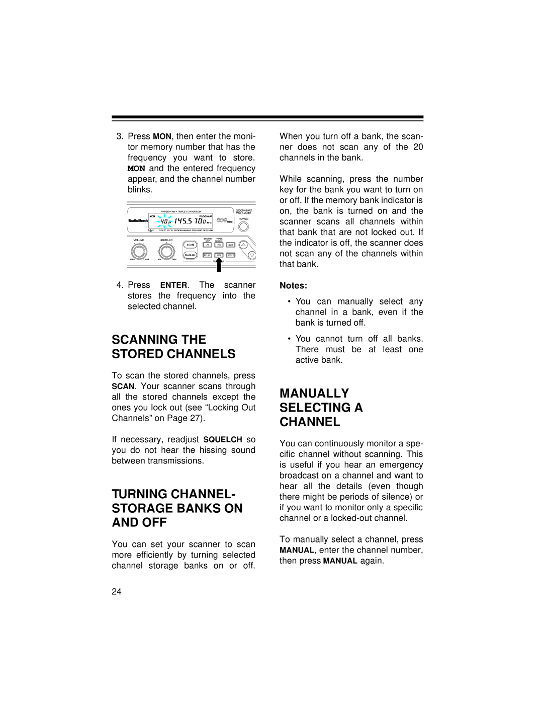 Radio Shack PRO-2048 Scanning the Stored Channels, Turning CHANNEL- Storage Banks on and OFF, Manually Selecting a Channel 