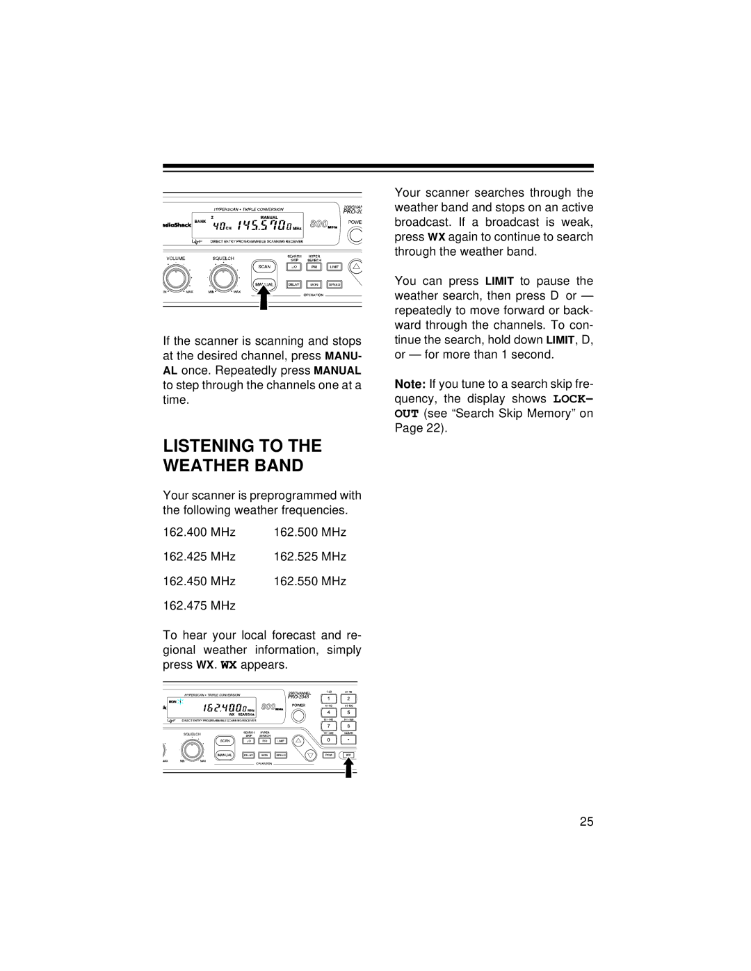 Radio Shack PRO-2048 owner manual Listening to the Weather Band 