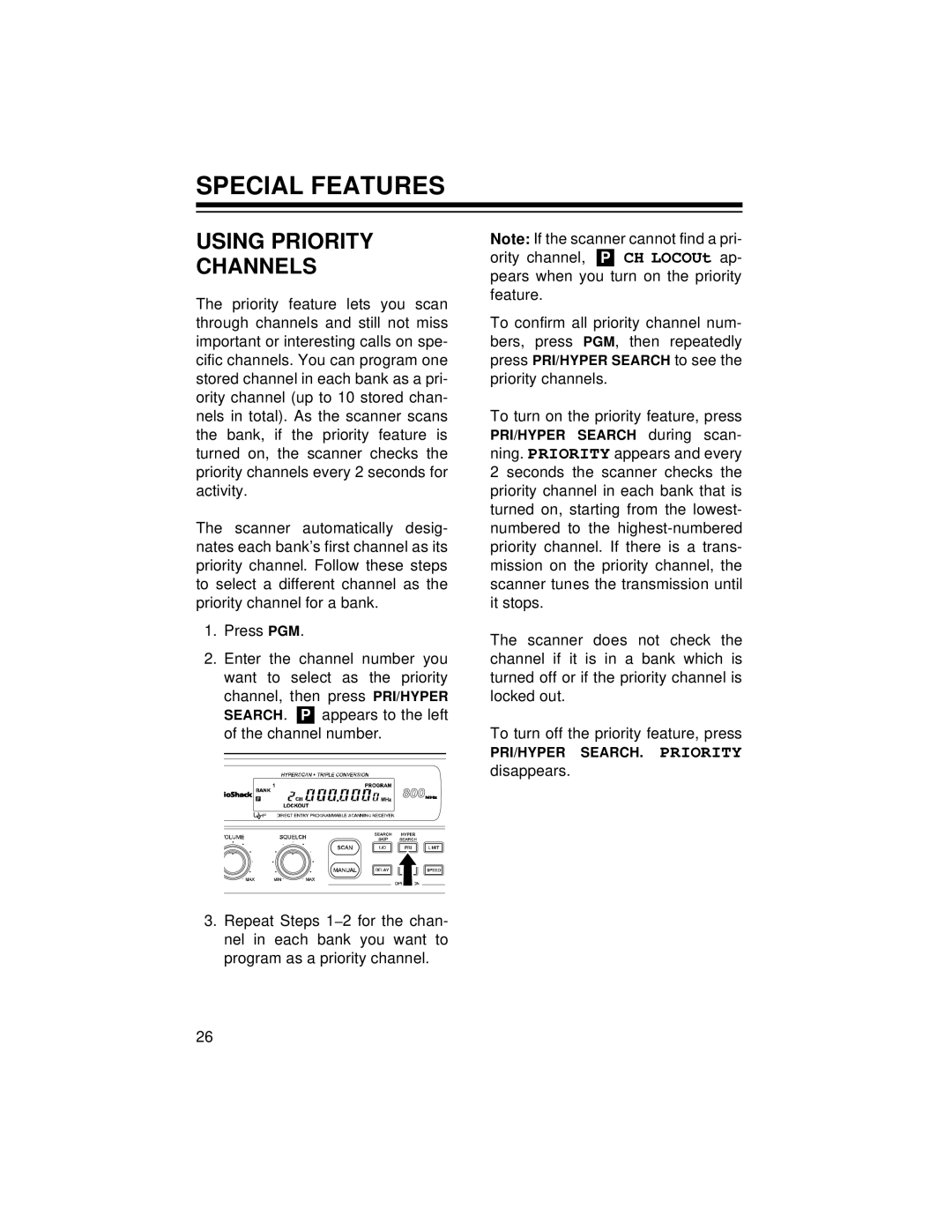 Radio Shack PRO-2048 owner manual Special Features, Using Priority Channels 