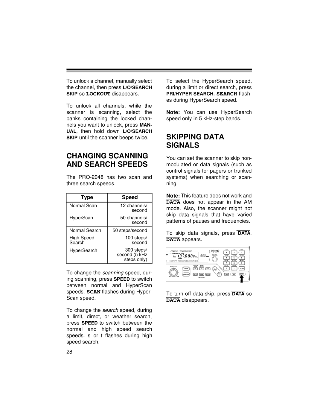 Radio Shack PRO-2048 owner manual Changing Scanning and Search Speeds, Skipping Data Signals, Type Speed 