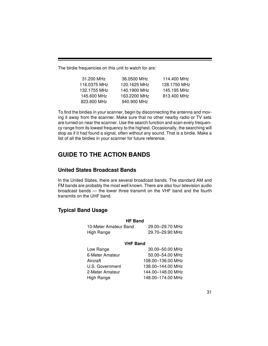 Radio Shack PRO-2048 Guide to the Action Bands, United States Broadcast Bands, Typical Band Usage, VHF Band 